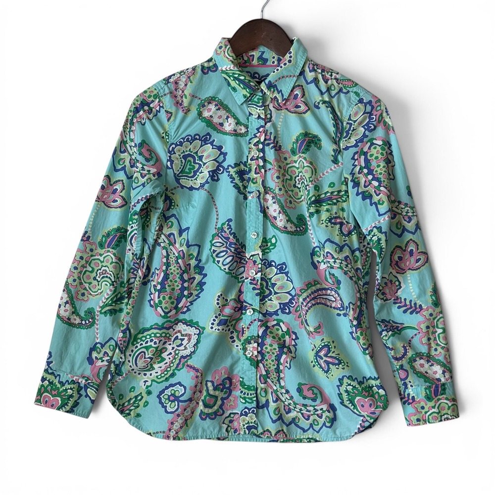 Talbots Button Up Blouse Shirt XS Teal Paisley Long Sleeve 100% Cotton Coastal